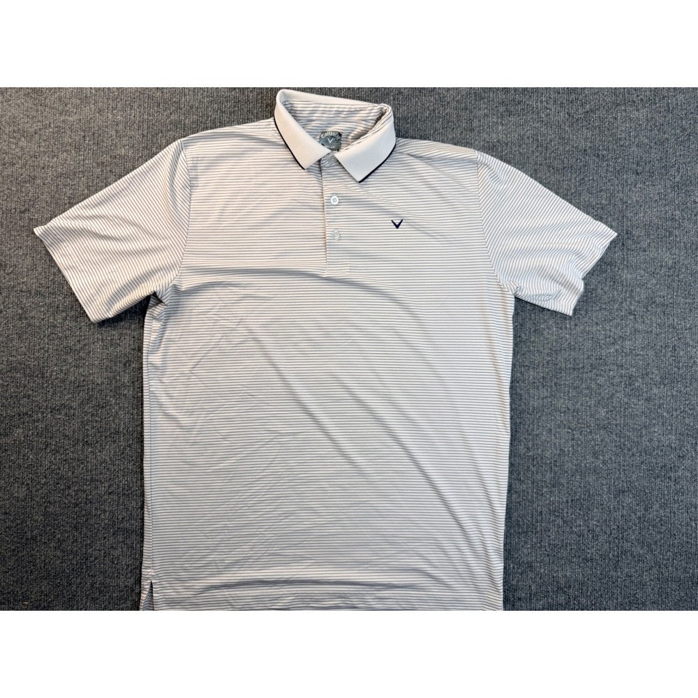 Callaway Mens Medium White Blue Striped Opti-Dri Golf Polo Shirt Short Sleeve M